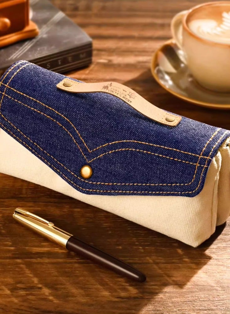 Denim Pencil Case For Girls With a Sense Of Design Niche Stationery Box Bag For Girls Pencil Case With High Appearance And Light Luxury Sense Of Luxury Retro [Denim Cotton] ink color - Image 2