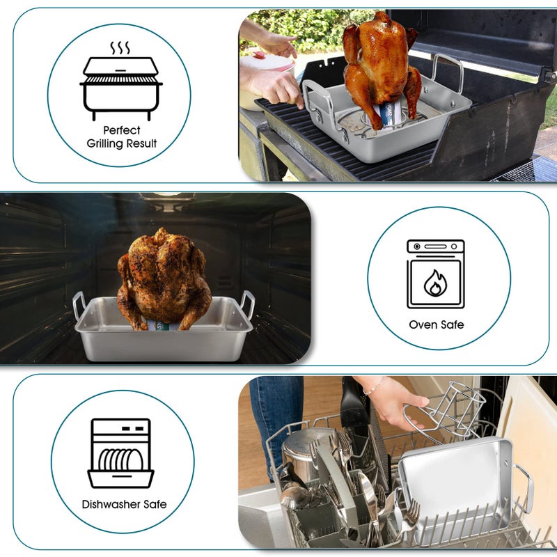 TeamFar Beer Can Chicken Holder, Stainless Steel Roasting Drip Pan with Vertical Rack Stand for Grill Oven Smoker, Healthy & Heavy Duty, Easy Clean & Dishwasher Safe (1 Pan + 1 Rack) - Image 5