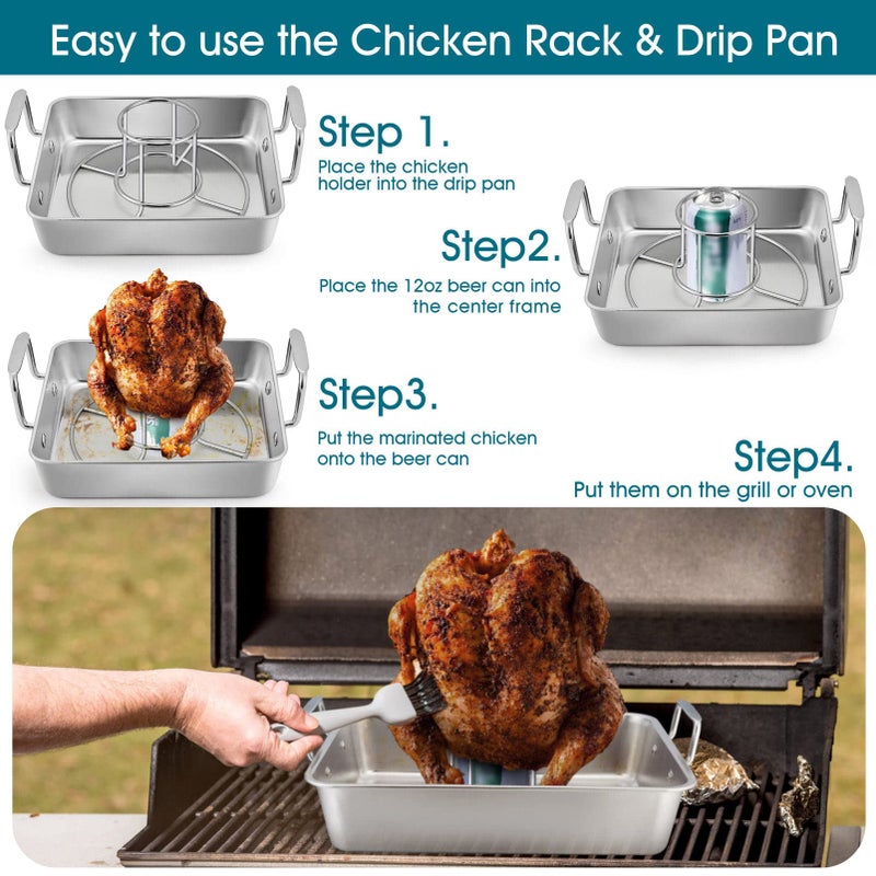 TeamFar Beer Can Chicken Holder, Stainless Steel Roasting Drip Pan with Vertical Rack Stand for Grill Oven Smoker, Healthy & Heavy Duty, Easy Clean & Dishwasher Safe (1 Pan + 1 Rack) - Image 3