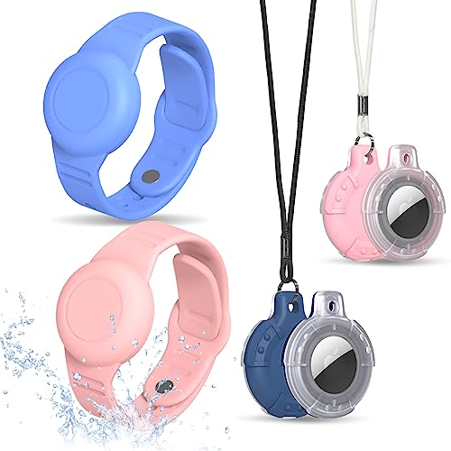 TOLUOHU [4 Pack] for Air Tag Bracelet & Airtag Necklace, Silicone Wristband Air tag Holder Kids Hidden Waterproof AirTag Accessories Compatible with Apple AirTag Lightweight, Adjustable (Blue + Pink) - Image 1