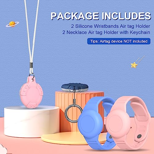 TOLUOHU [4 Pack] for Air Tag Bracelet & Airtag Necklace, Silicone Wristband Air tag Holder Kids Hidden Waterproof AirTag Accessories Compatible with Apple AirTag Lightweight, Adjustable (Blue + Pink) - Image 2