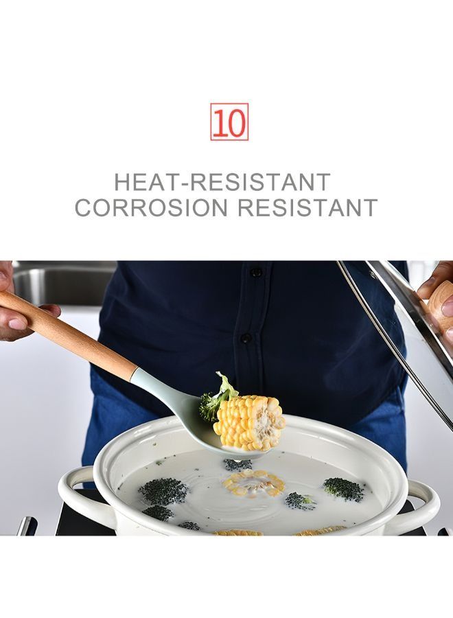 Arabest 11-Piece Barreled Cooking Utensils Set With Wooden Handle Green/Brown - Image 5