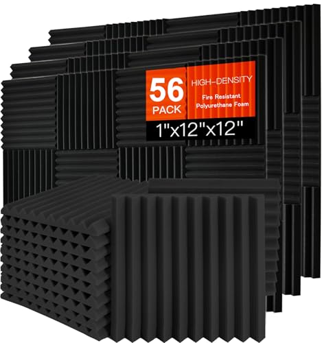 Saiqiang 56 Pack Acoustic Foam Panels 1 x 12x 12 Sound Proof Foam Panels For Wall Fire Resistant Noise Cancelling Dampening Sound Absorbing Black Wedge Panels For Studio Recording Office Home - Image 1