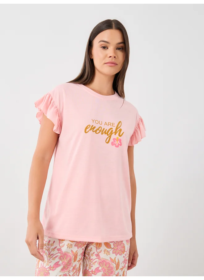 ستايلي Styli Unwind You Are Enough Slogan Print T-Shirt and Floral Print Pyjama Set