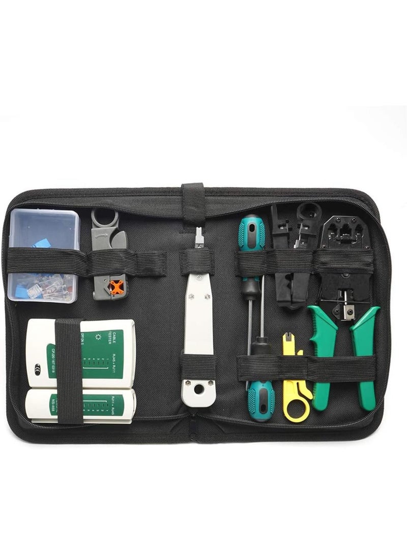 GGOOT Sanfoelek 14pcs Portable Ethernet Network Hardware Bag Tool Network LAN Cable Crimper Pliers Tools Kit Network Repaing Tool Set Dual-use Network Cables Tester  - Image 1