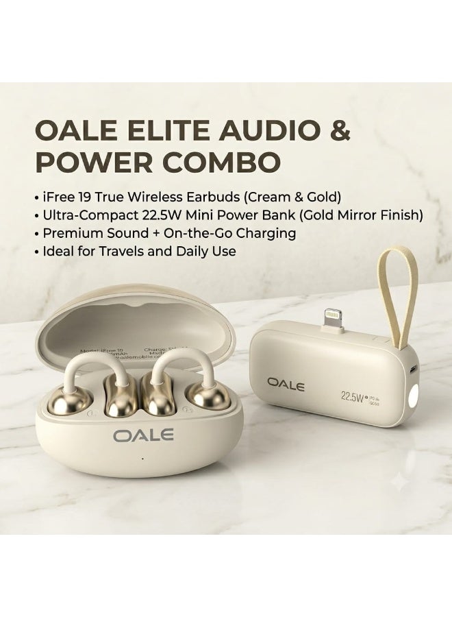OALE Premium Travel Combo: iFree 19 Clip-On Wireless Earbuds & iPower Nano3 5000mAh Mini Power Bank, Gold - Image 1