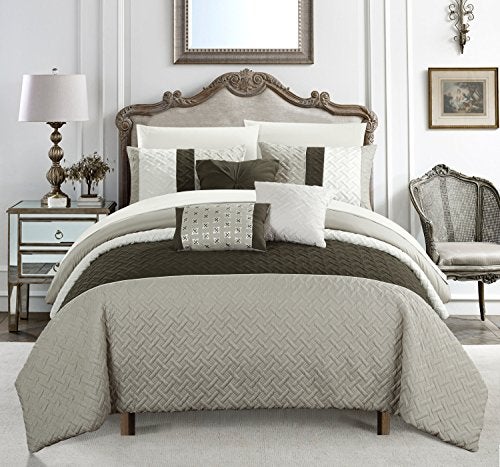 Chic Home Chic Home Osnat 10 Piece Comforter Set Color Block Quilted Embroidered Design Bed in a Bag Bedding  Sheets Decorative Pillows Shams Included King Brown 