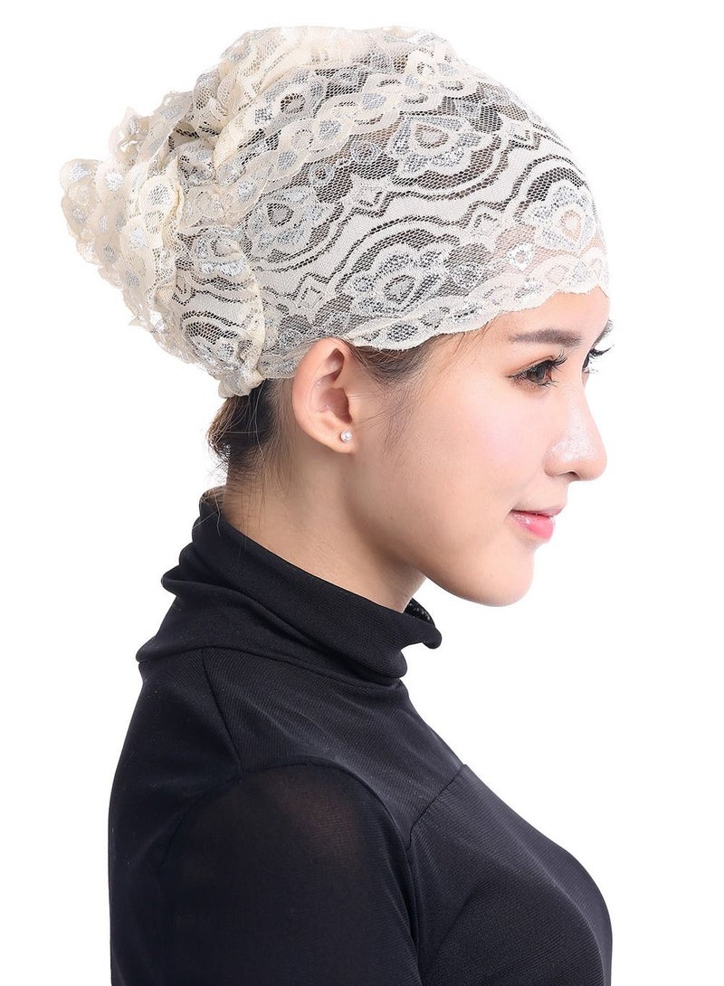 Loquat Women's Shiny Lace Hijab Inner Cap Beige  - Image 1