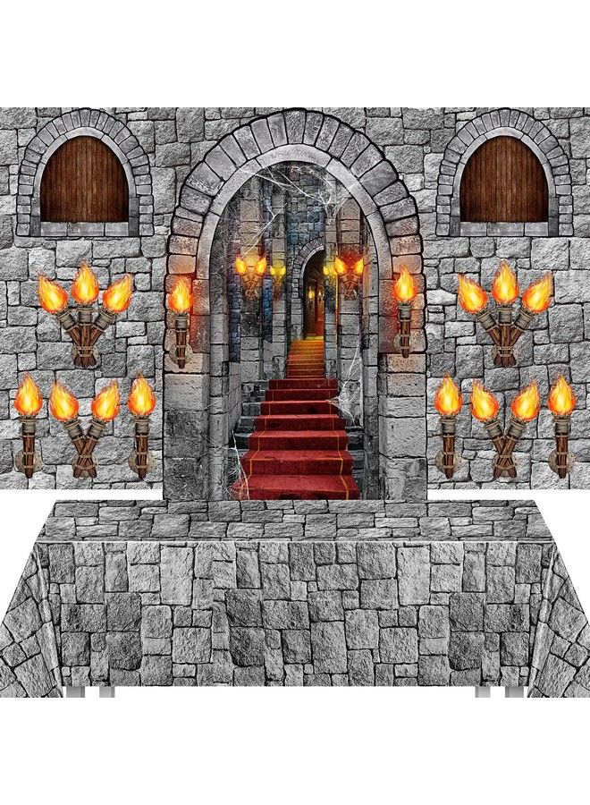 Tallew 12 Pieces Medieval Party Decorations Medieval Scene Setter Set Castle Decorations Including Window Torch Plastic Brick Tablecloth Knight Themed Castle Decorations For Party Table Wall Decor (Classic) - Image 2