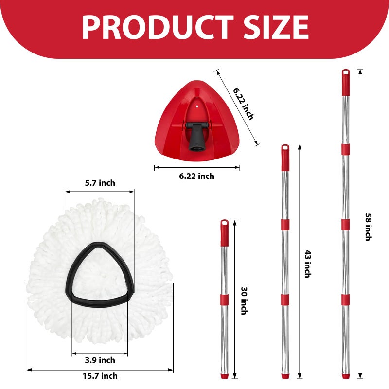 Nuorest Spin Mop Replacement Set for O-Ceda EasyWring 1-Tank System, Includes 2 Mop Head Replacement, 1 Mop Handle (30-58in Adjustable 4-Section Pole), 1 Spin Base - Image 3