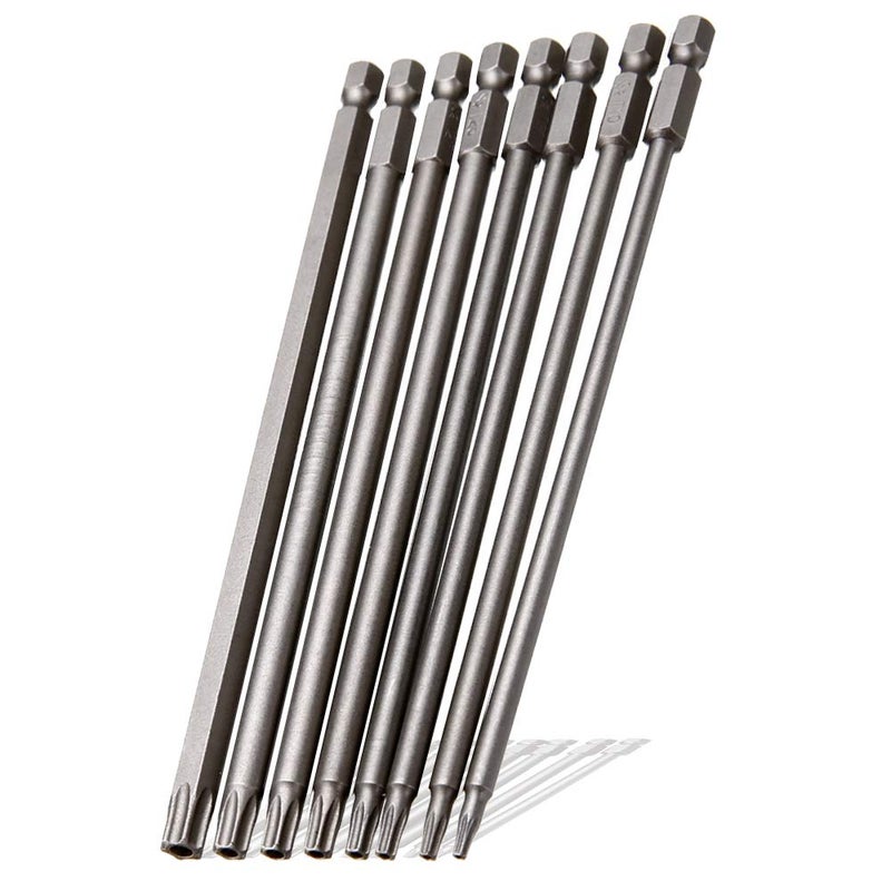 Saiper 8 Pieces 1/4 Inch Hex Shank Torx Security Head Screw Driver Bit Magnetic Star S2 Steel Screwdriver Set Bits T8-T40, 150mm/6 Inch Long