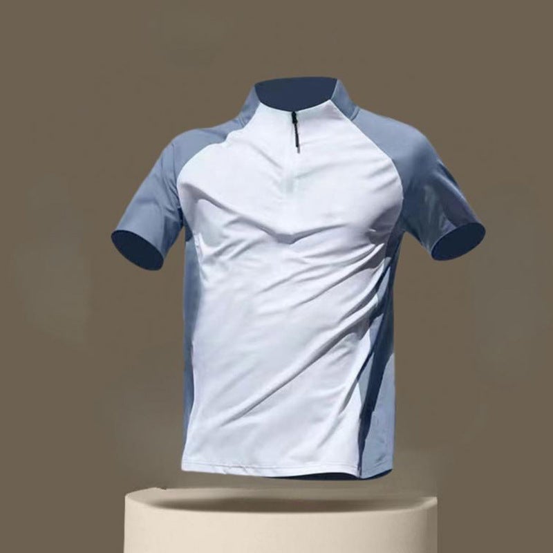 Stitching Simple New Half Zipper Collar Men's Short-sleeved Summer Outdoor Casual Contrast Color Sports Fashion T Top - Image 3