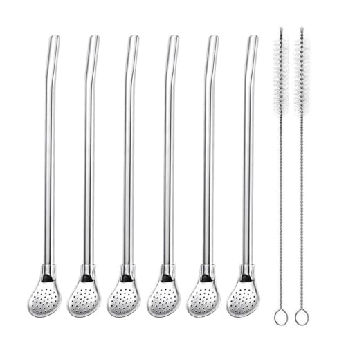 MAKABEE Reusable Stainless Steel Drinking Straws with Filter Spoon 6 Pieces Yerba Mate Tea Bombilla Drinking Straws with 2 Pieces Cleaning Brushes Set, 7.1inch/ 18cm Long - Image 1