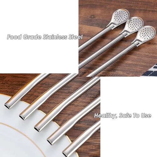 MAKABEE Reusable Stainless Steel Drinking Straws with Filter Spoon 6 Pieces Yerba Mate Tea Bombilla Drinking Straws with 2 Pieces Cleaning Brushes Set, 7.1inch/ 18cm Long - Image 5