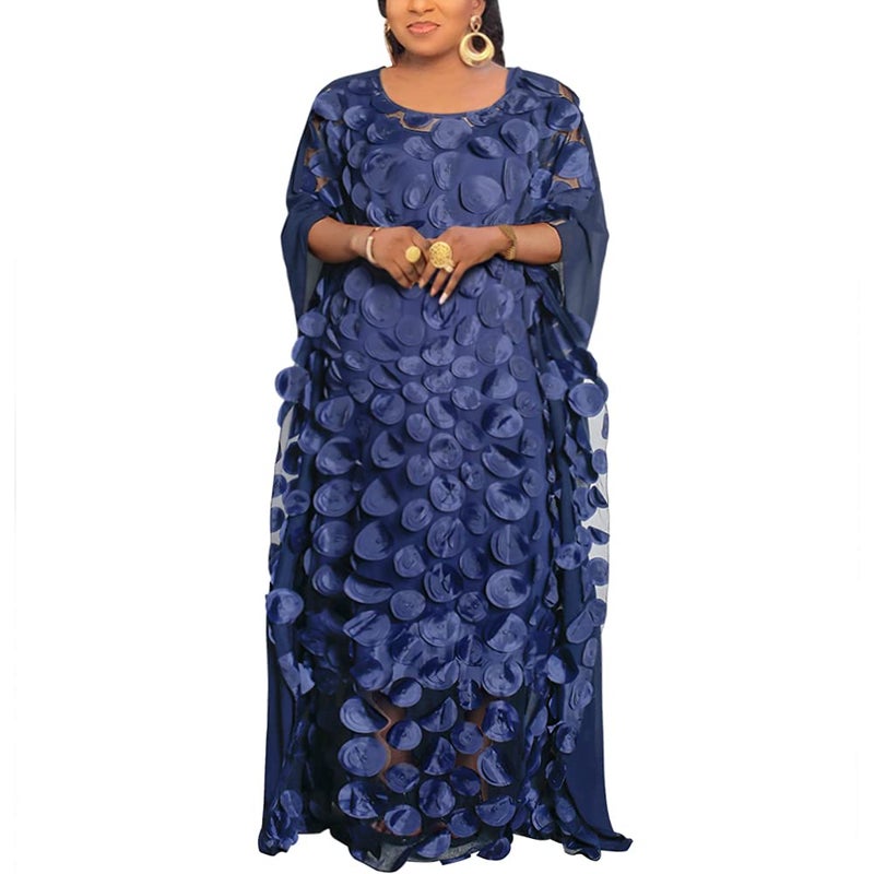 HD African Women Applique Flower Dress Boat Neck Navyblue Caftan Chiffon Gown One Size - Image 1
