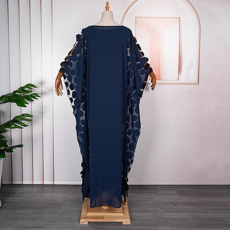 HD African Women Applique Flower Dress Boat Neck Navyblue Caftan Chiffon Gown One Size - Image 4
