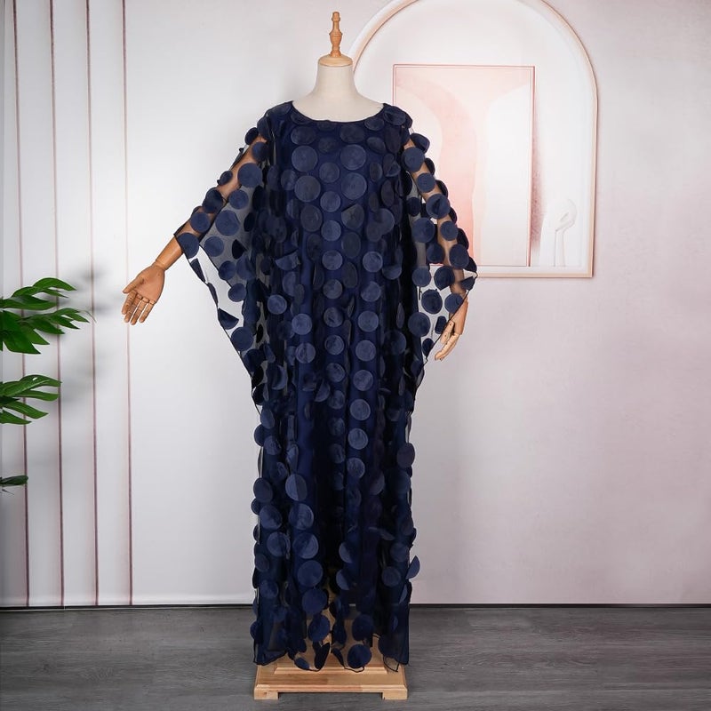 HD African Women Applique Flower Dress Boat Neck Navyblue Caftan Chiffon Gown One Size - Image 2
