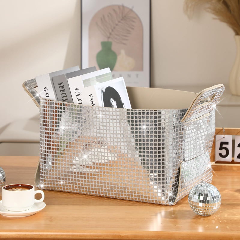 Geelin Disco Ball Storage Basket for Organizing 15x10x9 in Glitter Silver Foldable Fabric Storage Bin with Carry Handle for Shelves Bling Felt Basket Organizer for Home Decor Office Laundry 2 Pcs - Image 2