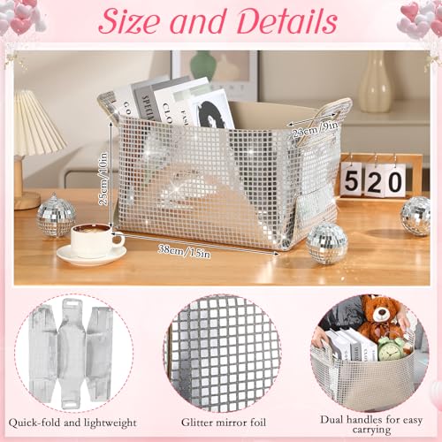 Geelin Disco Ball Storage Basket for Organizing 15x10x9 in Glitter Silver Foldable Fabric Storage Bin with Carry Handle for Shelves Bling Felt Basket Organizer for Home Decor Office Laundry 2 Pcs - Image 3