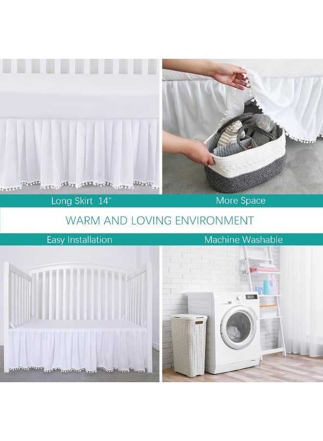 Biloban Biloban White Crib Skirt Pleated with Lovely Pompoms, Bedding Dust Ruffle for Baby Girls and Baby Boys, 14" Drop, Fit All Standard Crib Bed, White, Microfiber.  - Image 3