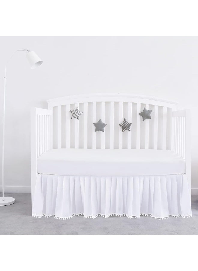 Biloban Biloban White Crib Skirt Pleated with Lovely Pompoms, Bedding Dust Ruffle for Baby Girls and Baby Boys, 14" Drop, Fit All Standard Crib Bed, White, Microfiber.  - Image 1