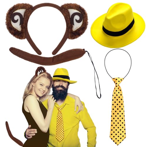 Croloose 4 Pcs Halloween Couple Costume Set - Adult Monkey Costume with Yellow Hat, Black Polka Dots Tie - Image 1