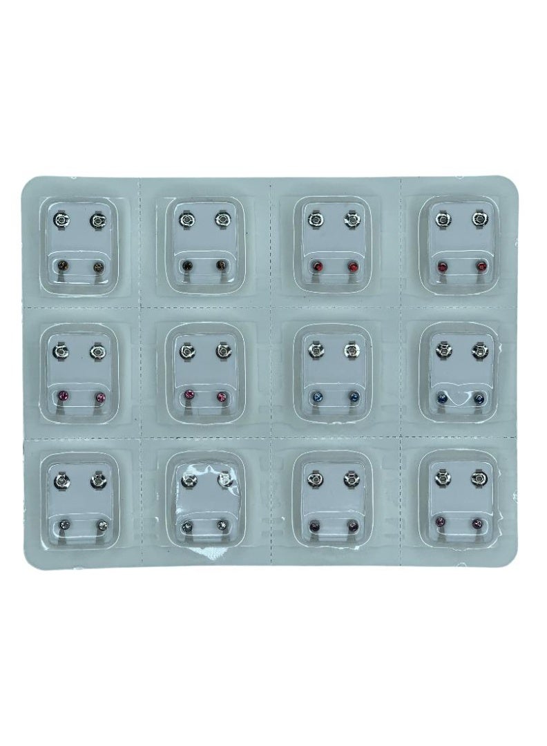 Influence Germany Silver Stud Earrings – 12 Pairs Multipack with Multi-Colored Sparkle Stones - Image 1
