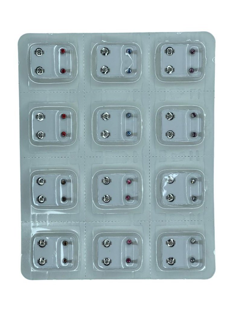 Influence Germany Silver Stud Earrings – 12 Pairs Multipack with Multi-Colored Sparkle Stones - Image 2