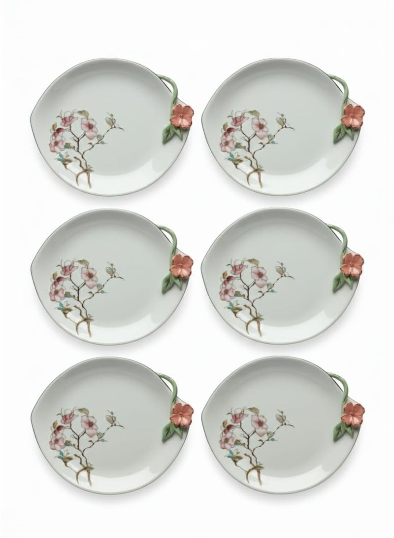 AKDC Angela Floral Classic 6-Piece Ceramic Dessert Plate Set – White (18×22 cm) - Image 2