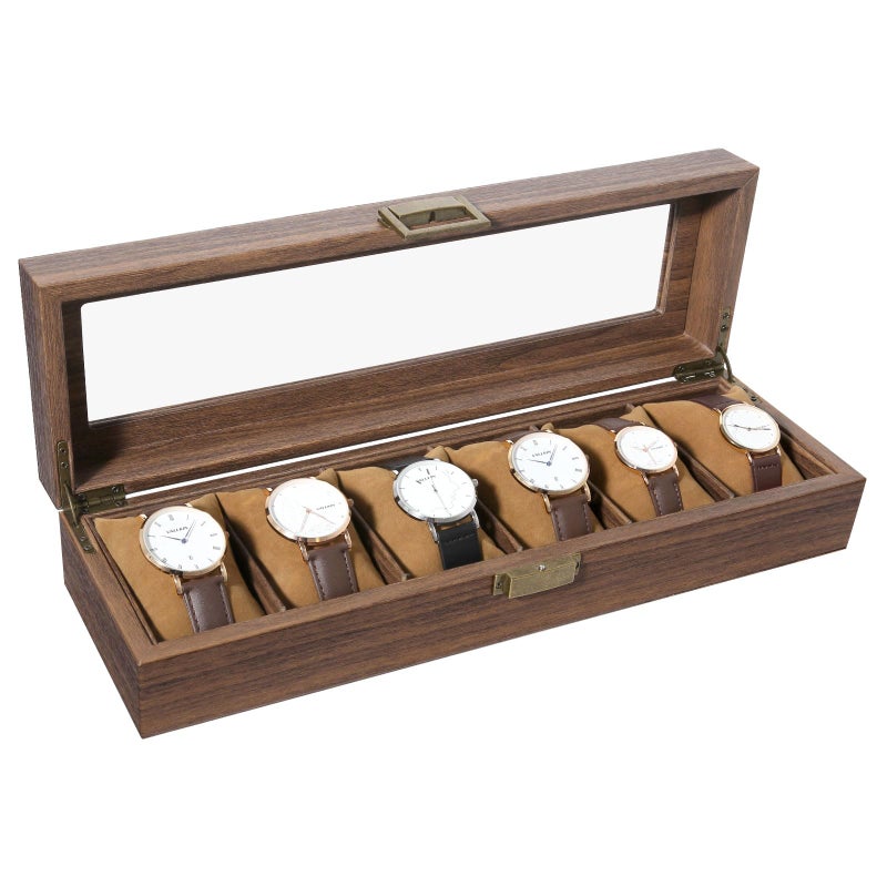Uten Watch Box 6 Slots Watch Case Organizer with Real Glass Lid Wood Grain PU Leather Watch Display Storage Box with Removable Imitation Suede Watch Pillows Metal Clasp