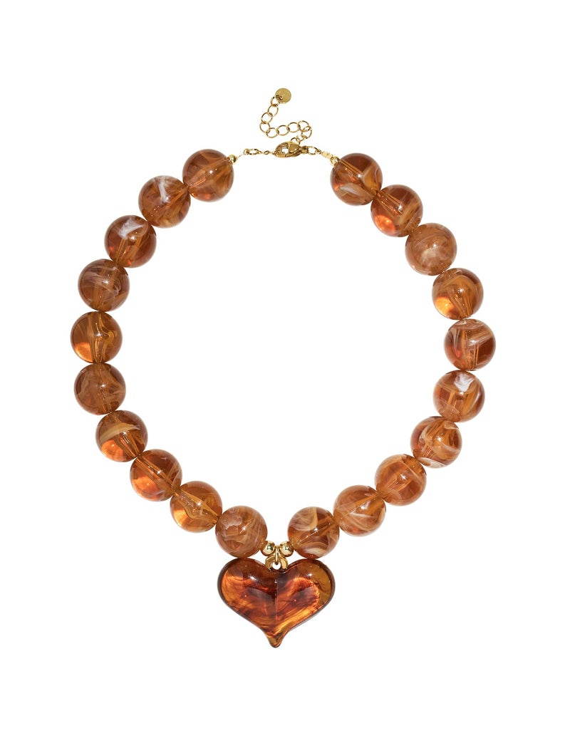 DoDoBeads Chunky Resin Heart Necklace, Handmade Amber Beaded Statement Necklace for Women, Gifts for Women - Image 1