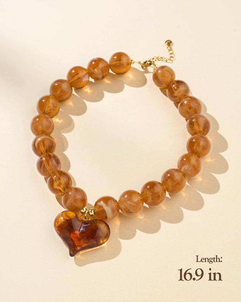 DoDoBeads Chunky Resin Heart Necklace, Handmade Amber Beaded Statement Necklace for Women, Gifts for Women - Image 4