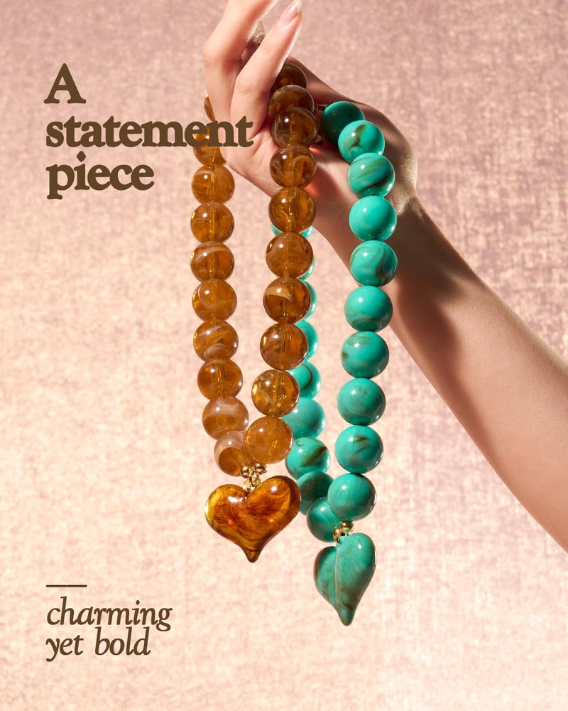 DoDoBeads Chunky Resin Heart Necklace, Handmade Amber Beaded Statement Necklace for Women, Gifts for Women - Image 3