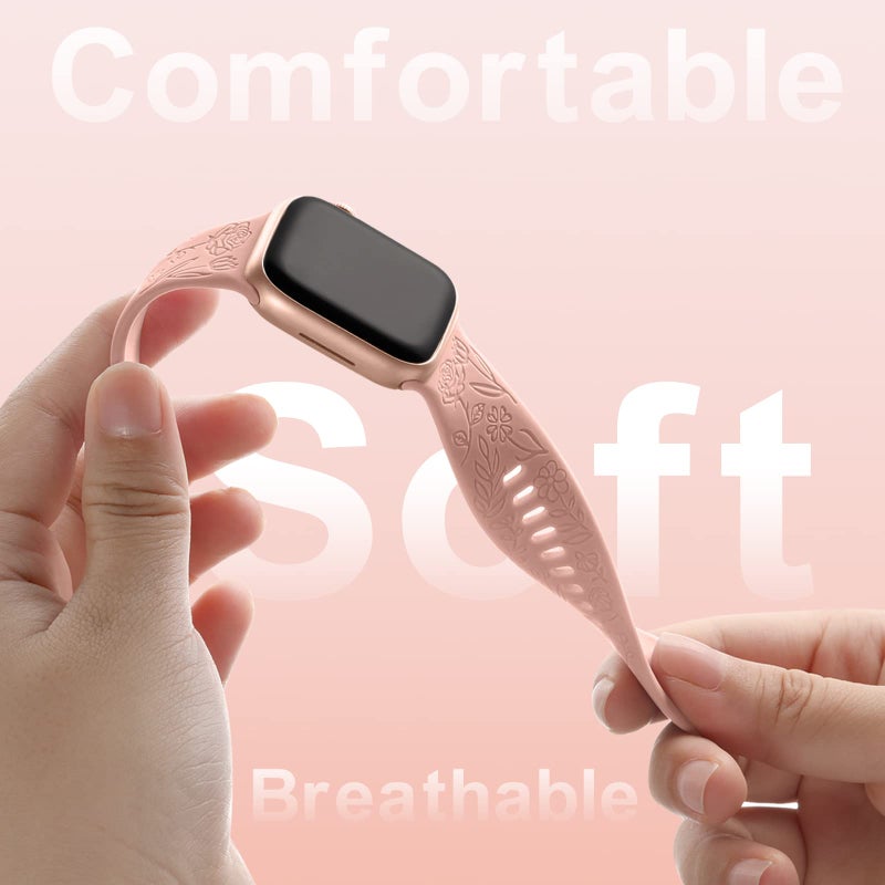 DaQin 4 Pack Floral Engraved Bands Compatible with Apple Watch Band for Women 40mm 41mm 42mm 44mm 45mm 46mm 38mm 49mm, Cute Silicone Flower Pattern Strap for iWatch Series 11 10 9 8 7 6 5 4 3 SE Ultra - Image 5