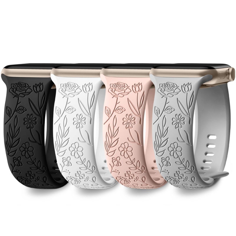 DaQin 4 Pack Floral Engraved Bands Compatible with Apple Watch Band for Women 40mm 41mm 42mm 44mm 45mm 46mm 38mm 49mm, Cute Silicone Flower Pattern Strap for iWatch Series 11 10 9 8 7 6 5 4 3 SE Ultra - Image 1