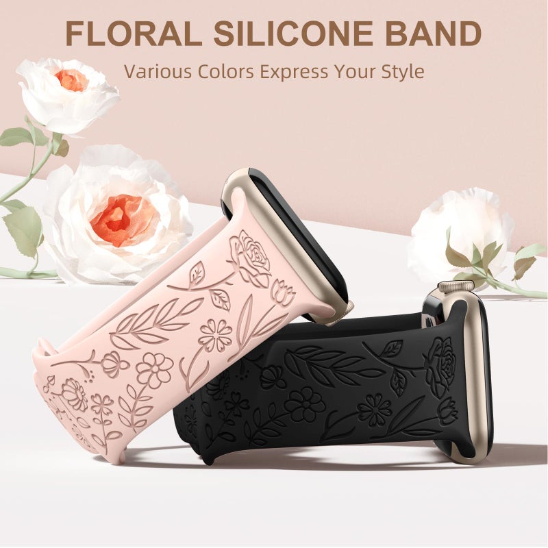 DaQin 4 Pack Floral Engraved Bands Compatible with Apple Watch Band for Women 40mm 41mm 42mm 44mm 45mm 46mm 38mm 49mm, Cute Silicone Flower Pattern Strap for iWatch Series 11 10 9 8 7 6 5 4 3 SE Ultra - Image 3