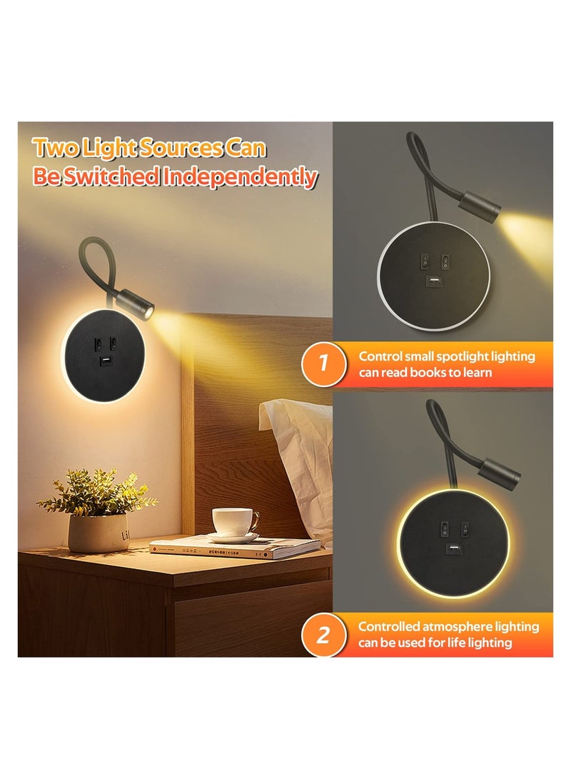 SYOSI Wall Reading Lamp, Wall Spotlight Bedside with Flexible Gooseneck Lamp, Bedside Wall Lamp with Switch and USB Por, Wall Sconce for Bedroom, Hallway, Stairs (Black) - Image 3