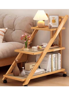 FFD 3 Layer Storage Trolley Bedside Desk Stand,Moveable Wooden Sofa Side Table with 4 Wheels Perfect Coffee Cart, Modern Corner Table