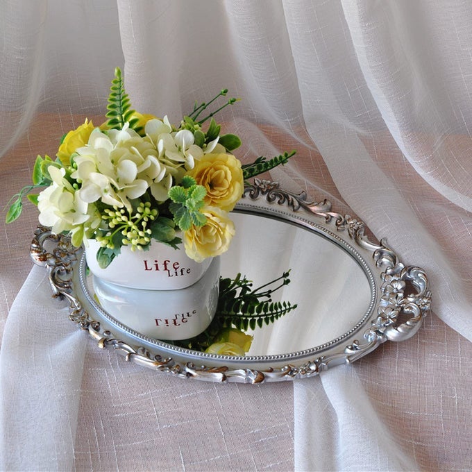 OVAL DECORATIVE MIRROR TRAY FRENCH STYLE FLOWER FRAME MAKEUP ORGANIZER JEWELRY ORGANIZER SERVING TRAY 98X 146 GOLDEN SILVER