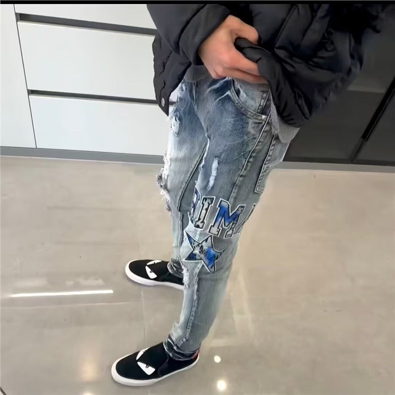 Men'S Pants Am Trendy Brand Jeans Men'S Ripped Embroidered Letter Patches Elastic Straight Slim Long Pants - Image 5