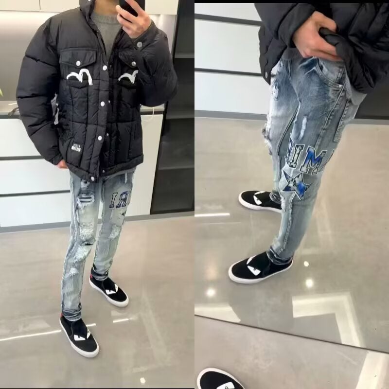 Men'S Pants Am Trendy Brand Jeans Men'S Ripped Embroidered Letter Patches Elastic Straight Slim Long Pants - Image 2