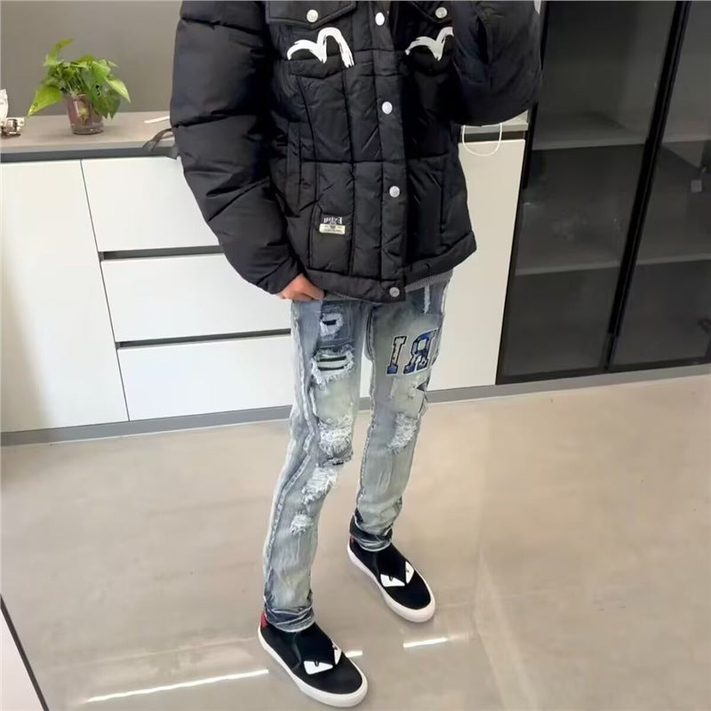 Men'S Pants Am Trendy Brand Jeans Men'S Ripped Embroidered Letter Patches Elastic Straight Slim Long Pants - Image 3