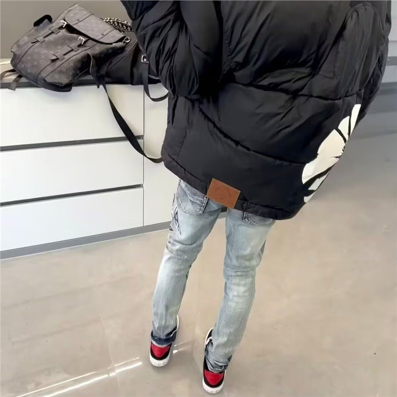 Men'S Pants Am Trendy Brand Jeans Men'S Ripped Embroidered Letter Patches Elastic Straight Slim Long Pants - Image 4
