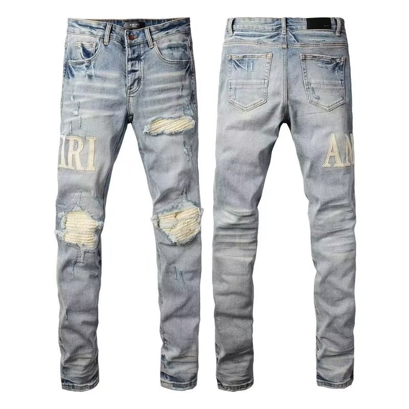 Men'S Pants Am Trendy Brand Jeans Men'S Ripped Embroidered Letter Patches Elastic Straight Slim Long Pants - Image 1