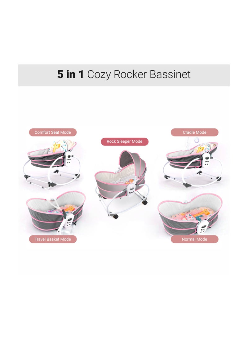 6 - In - 1 Cozy Rocker Bassinet With Wheels, Awning And Mosquito Net - Pink