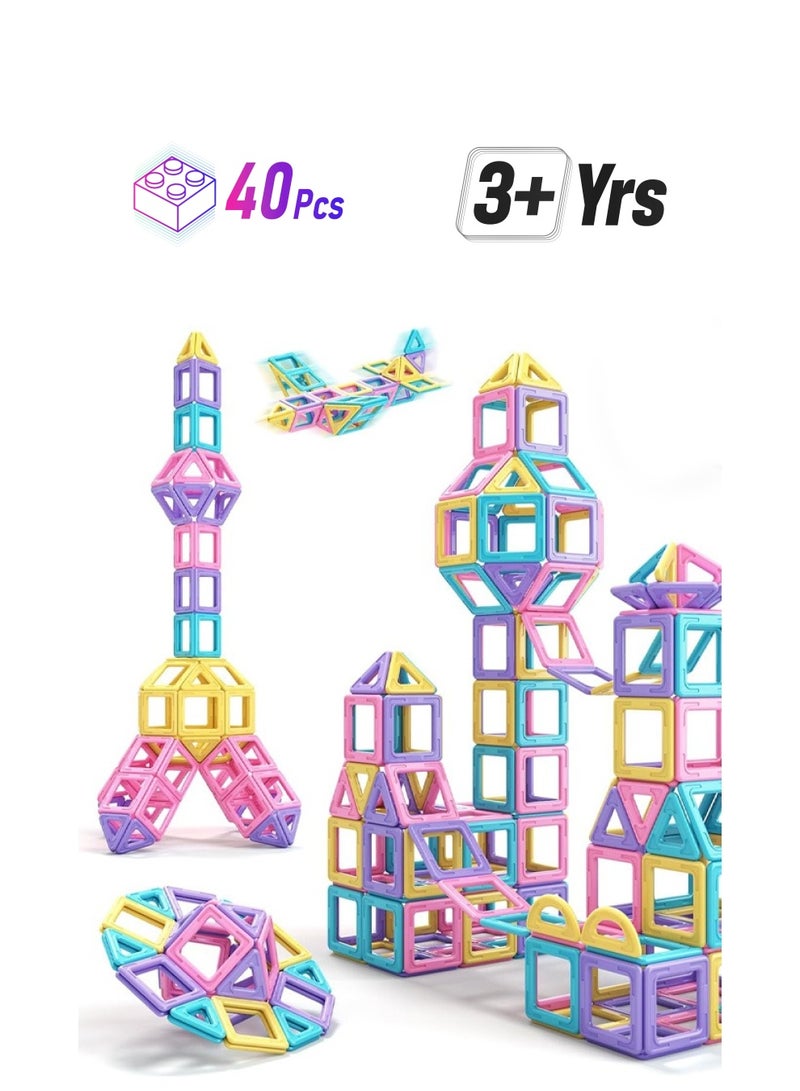 40pcs Toddler Girl Toys, Magnetic Tiles Basic Set, Birthday Gifts Ideas for Girls Age 3-5, Magnetic Building Blocks  - Image 1