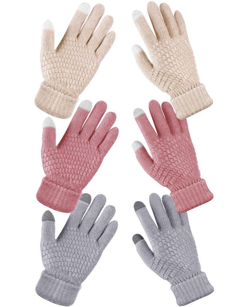 Jeere 3 Pairs Women's Winter Gloves Warm Women Touch Screen Knit Gloves Elastic Cuff Winter Mitten for Cold Weather(Cute Colors) - Image 1