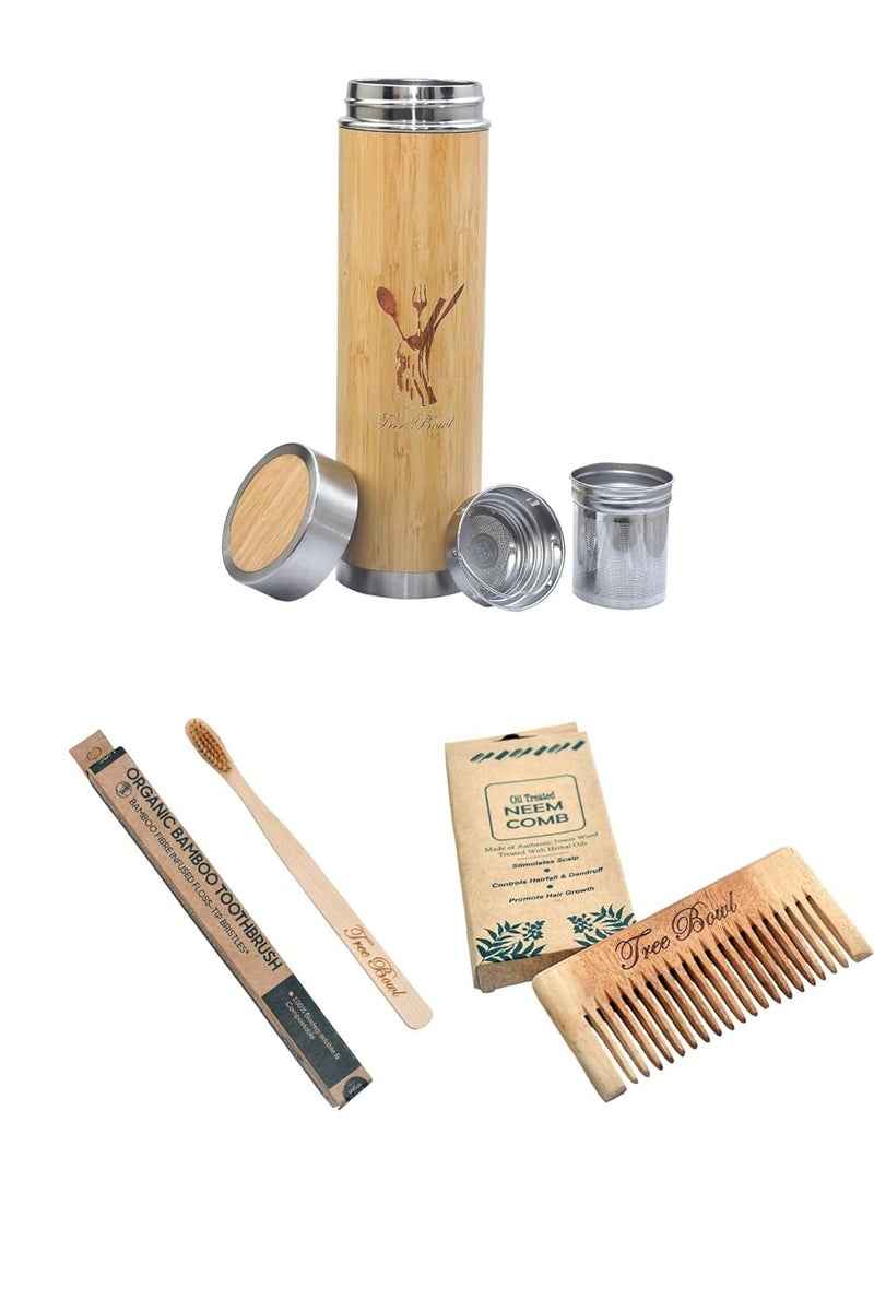 Tree Bowl Tree Bowl EcoFriendly Combo for Women Bamboo Bottle Adult Toothbrush Neem Shampoo Comb Sustainable Essentials Kit for Travel Office Daily Use PlasticFree Biodegradable Pack of 3  - Image 1