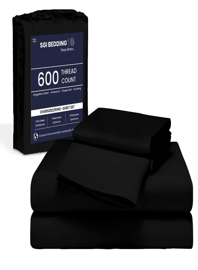SGI bedding طقم ملاءات سرير SGI مقاس 108 بوصة عرض × 108 بوصة طول، 4 قطع، مقاس ألاسكا كينج، قطن مصري 100%، كثافة 600 خيط، يناسب سريرًا بجيب عميق 15 بوصة، ملاءات ناعمة ومسامية وكبيرة الحجم، مناسبة للأسرة الكبيرة جدًا، لون أسود - Image 1