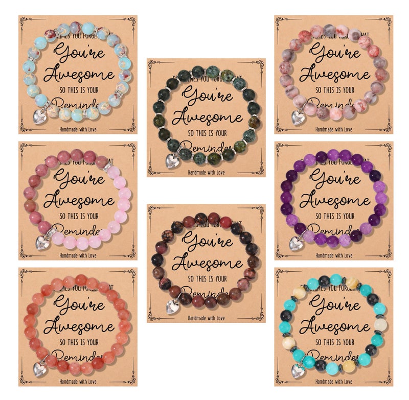CASDAN 8Pcs Beaded Bracelets for Women Natural Stone Heart Bracelet Sometimes You Forget You're Awesome Inspirational Jewelrycard Gifts for Her Friend Sister Mom on Mother's Day/Birthday/Graduation/Easter/Christmas - Image 1